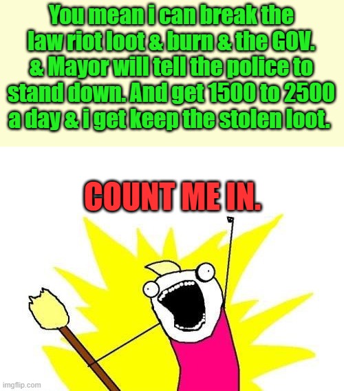 What a deal.. | You mean i can break the law riot loot & burn & the GOV. & Mayor will tell the police to stand down. And get 1500 to 2500 a day & i get keep the stolen loot. COUNT ME IN. | image tagged in memes,x all the y | made w/ Imgflip meme maker