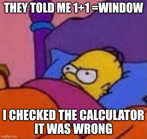 aw man | THEY TOLD ME 1+1 =WINDOW; I CHECKED THE CALCULATOR
IT WAS WRONG | image tagged in angry homer simpson in bed | made w/ Imgflip meme maker