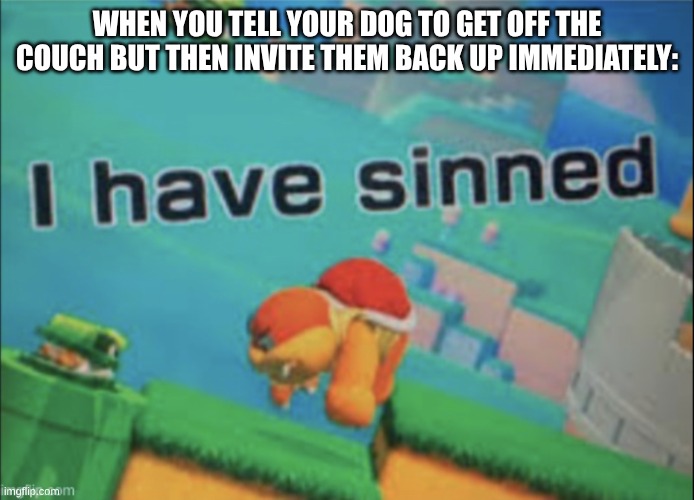 my dog is a Pomeranian so it doesnt mattr | WHEN YOU TELL YOUR DOG TO GET OFF THE COUCH BUT THEN INVITE THEM BACK UP IMMEDIATELY: | image tagged in i have sinned | made w/ Imgflip meme maker