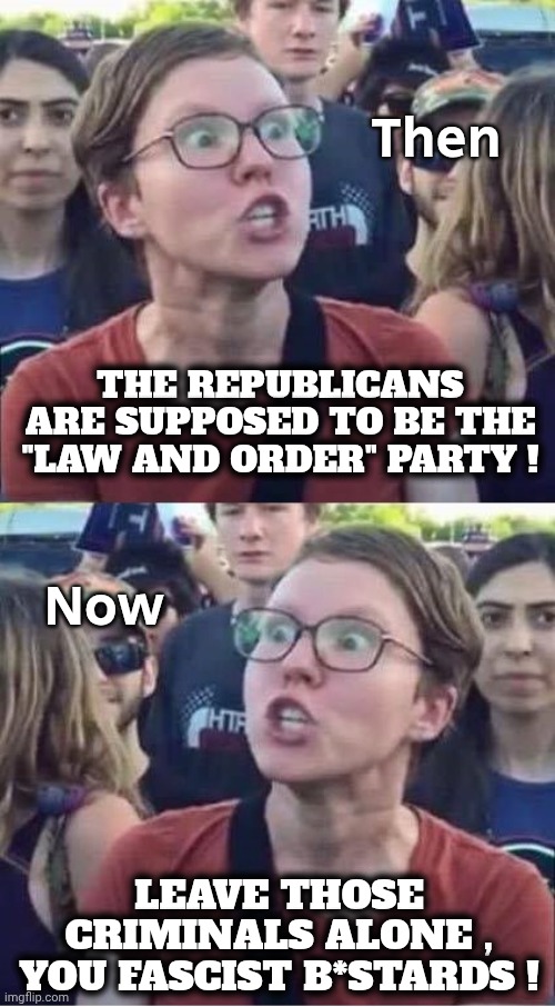Trump is the guilty one | Then; THE REPUBLICANS ARE SUPPOSED TO BE THE "LAW AND ORDER" PARTY ! Now; LEAVE THOSE CRIMINALS ALONE , YOU FASCIST B*STARDS ! | image tagged in angry liberal hypocrite,make up your mind,stupid liberals,what do we want,they don't know | made w/ Imgflip meme maker