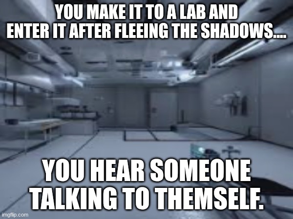 An old friend.....? (part of my liminal series!) | YOU MAKE IT TO A LAB AND ENTER IT AFTER FLEEING THE SHADOWS.... YOU HEAR SOMEONE TALKING TO THEMSELF. | made w/ Imgflip meme maker