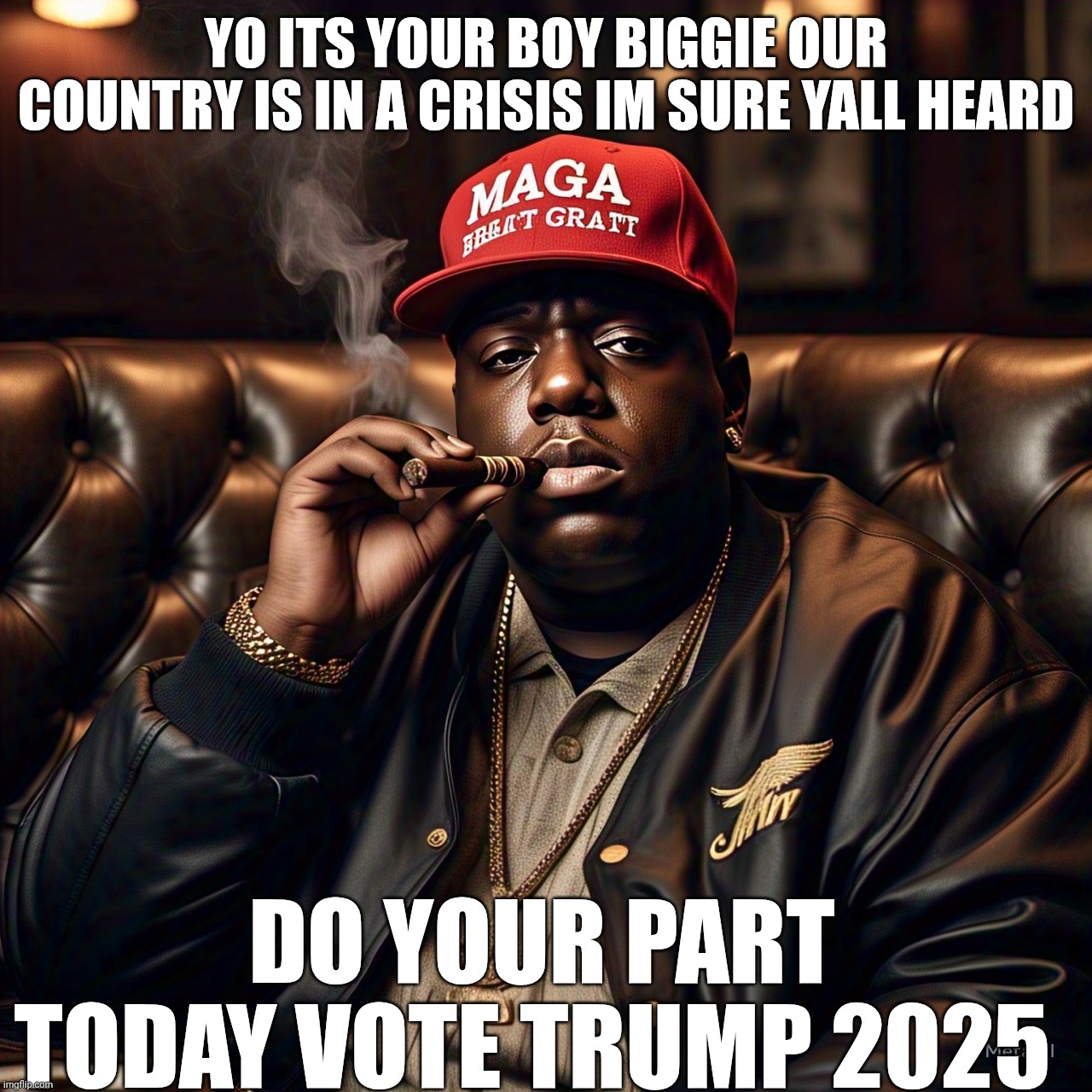 Maga Biggie smalls | YO ITS YOUR BOY BIGGIE OUR COUNTRY IS IN A CRISIS IM SURE YALL HEARD; DO YOUR PART TODAY VOTE TRUMP 2025 | image tagged in maga biggie smalls | made w/ Imgflip meme maker