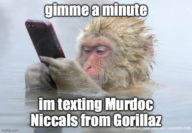 monkey mobile phone | gimme a minute im texting Murdoc Niccals from Gorillaz | image tagged in monkey mobile phone | made w/ Imgflip meme maker