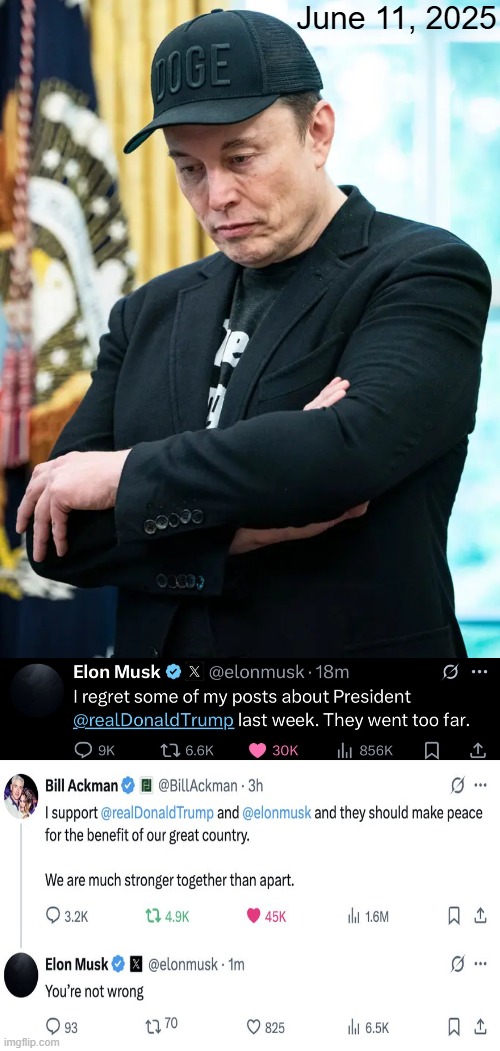 Thank you, Elon. ~~ We The People | June 11, 2025 | image tagged in elon musk,donald trump,two guys shake hands,handshake,hallelujah,we are on the same path | made w/ Imgflip meme maker