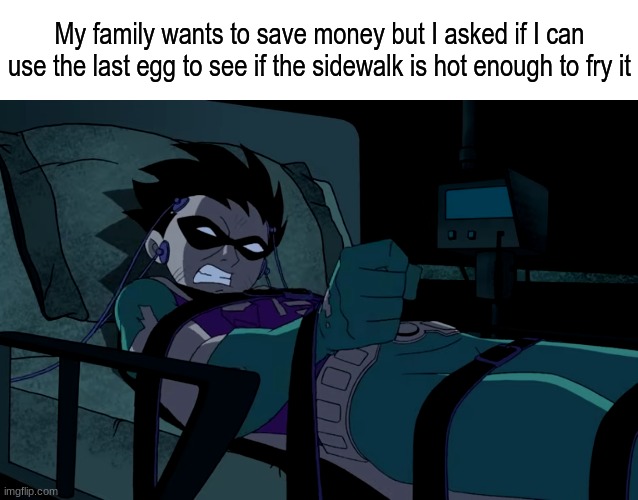 Summer science experiment | My family wants to save money but I asked if I can use the last egg to see if the sidewalk is hot enough to fry it | image tagged in memes,funny,food,summer,dc comics | made w/ Imgflip meme maker