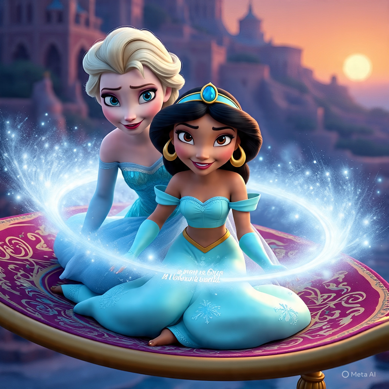 Queen Elsa and Princess Jasmine Rides on a Magic Carpet Blank Meme Template
