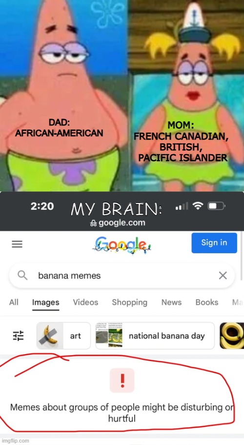 sorry google, but banana is not a people | MOM: 
FRENCH CANADIAN, 
BRITISH, 
PACIFIC ISLANDER; DAD:
AFRICAN-AMERICAN; MY BRAIN: | image tagged in meme,banana,you had one job | made w/ Imgflip meme maker