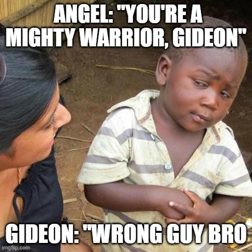 Third World Skeptical Kid Meme | ANGEL: "YOU'RE A MIGHTY WARRIOR, GIDEON"; GIDEON: "WRONG GUY BRO | image tagged in memes,third world skeptical kid | made w/ Imgflip meme maker