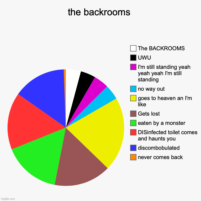the backrooms | never comes back , discombobulated, DISinfected toilet comes and haunts you, eaten by a monster, Gets lost , goes to heaven  | image tagged in charts,pie charts | made w/ Imgflip chart maker