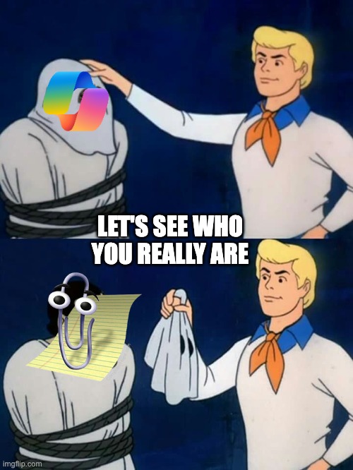 Copilot MrClippy | LET'S SEE WHO YOU REALLY ARE | image tagged in scooby doo mask reveal | made w/ Imgflip meme maker