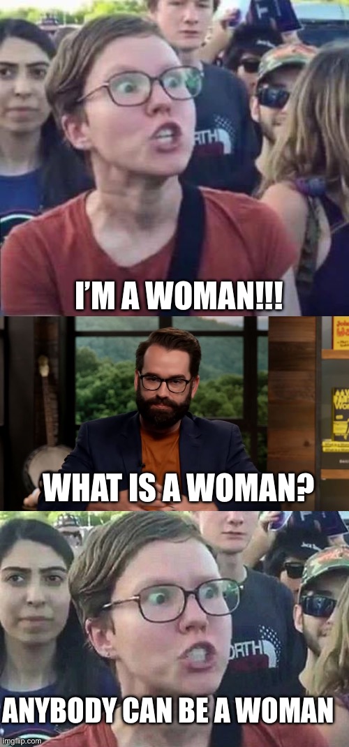 I’M A WOMAN!!! WHAT IS A WOMAN? ANYBODY CAN BE A WOMAN | image tagged in angry liberal,matt walsh,triggered liberal,women,woman,politics | made w/ Imgflip meme maker