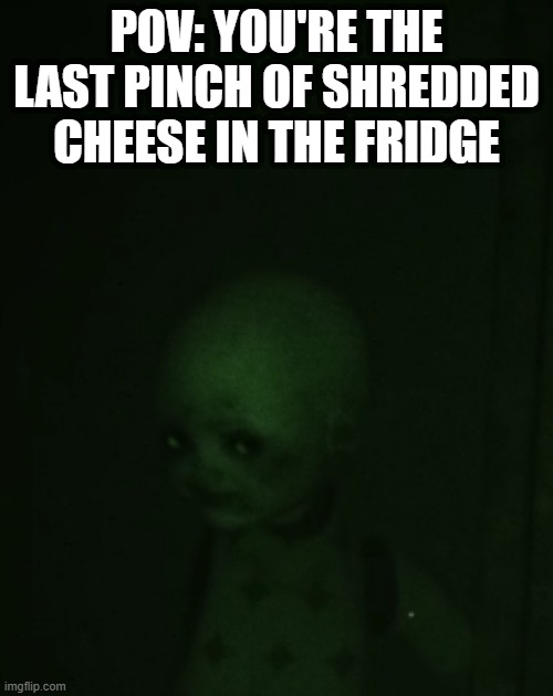 creepy doll | POV: YOU'RE THE LAST PINCH OF SHREDDED CHEESE IN THE FRIDGE | image tagged in doll,creepy doll | made w/ Imgflip meme maker