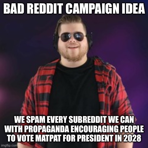 This is serious | BAD REDDIT CAMPAIGN IDEA; WE SPAM EVERY SUBREDDIT WE CAN WITH PROPAGANDA ENCOURAGING PEOPLE TO VOTE MATPAT FOR PRESIDENT IN 2028 | image tagged in matpat | made w/ Imgflip meme maker