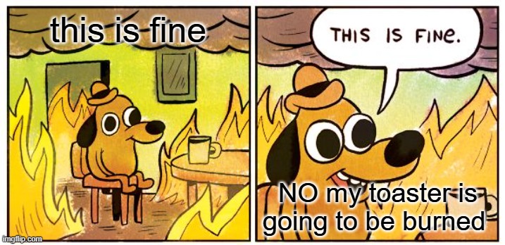 my toaster | this is fine; NO my toaster is going to be burned | image tagged in memes,this is fine | made w/ Imgflip meme maker