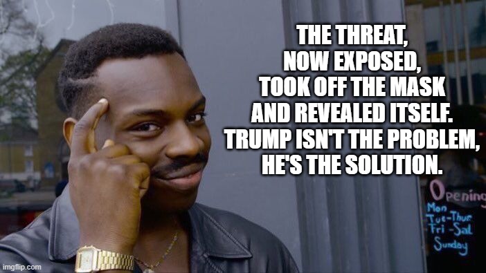 Roll Safe Think About It Meme | THE THREAT,
NOW EXPOSED,
TOOK OFF THE MASK
AND REVEALED ITSELF.

TRUMP ISN'T THE PROBLEM,
HE'S THE SOLUTION. | image tagged in memes,roll safe think about it | made w/ Imgflip meme maker