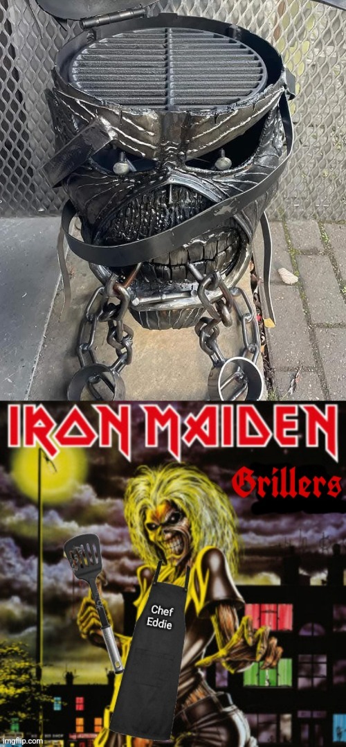 Run to the Grills! | image tagged in iron maiden,eddie,grill,heavy metal,grilling | made w/ Imgflip meme maker