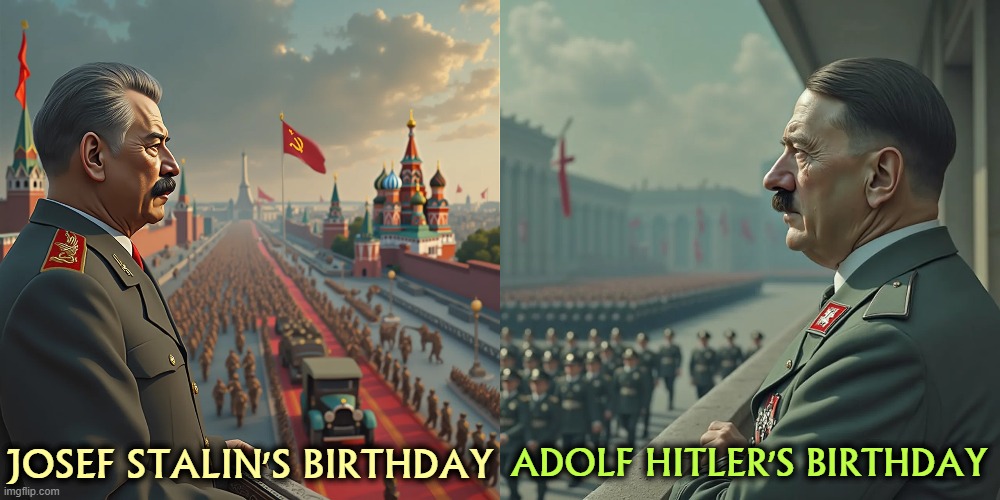 ADOLF HITLER'S BIRTHDAY; JOSEF STALIN'S BIRTHDAY | image tagged in joseph stalin,adolf hitler,birthday,parade,trump,military | made w/ Imgflip meme maker