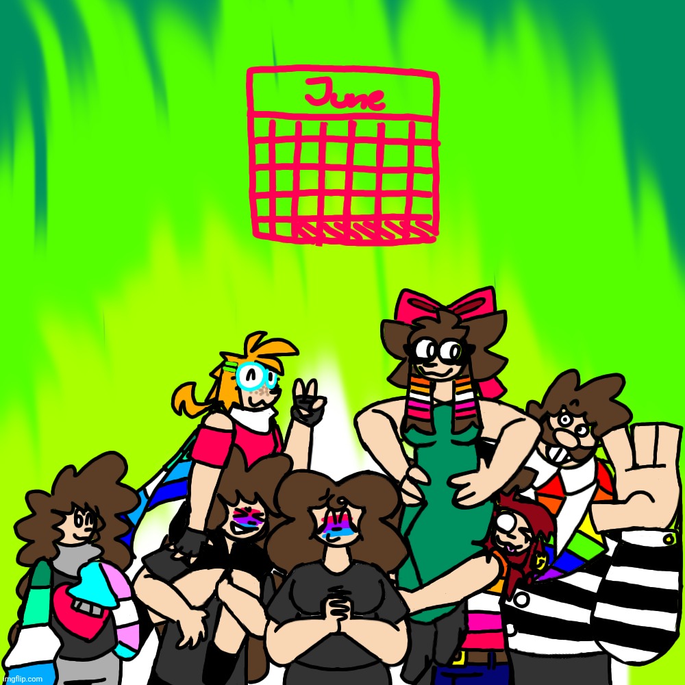Pride Month Art (most characters owned by Rotisserie) | image tagged in rotisserie,pride month,gay,lesbian,trans,bi | made w/ Imgflip meme maker
