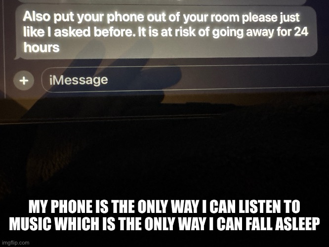 MY PHONE IS THE ONLY WAY I CAN LISTEN TO MUSIC WHICH IS THE ONLY WAY I CAN FALL ASLEEP | made w/ Imgflip meme maker