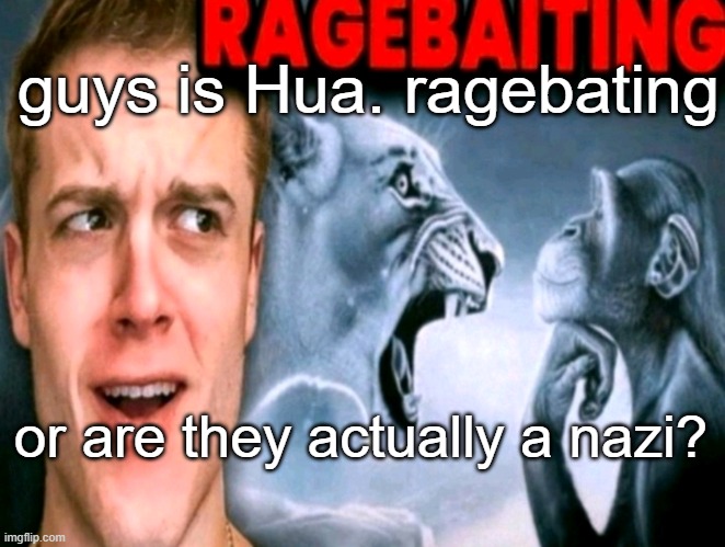 im pretty sure its ragebait | guys is Hua. ragebating; or are they actually a nazi? | image tagged in ragebaiting | made w/ Imgflip meme maker