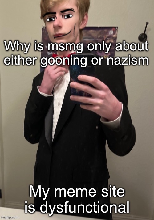 I love using the same temp 30 times a day | Why is msmg only about either gooning or nazism; My meme site is dysfunctional | image tagged in virian man face 4 | made w/ Imgflip meme maker