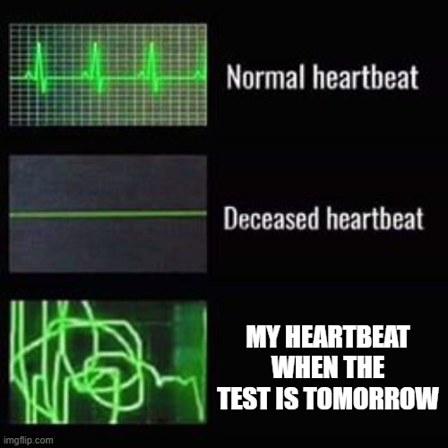 when you forget the test | MY HEARTBEAT WHEN THE TEST IS TOMORROW | image tagged in heartbeat rate | made w/ Imgflip meme maker