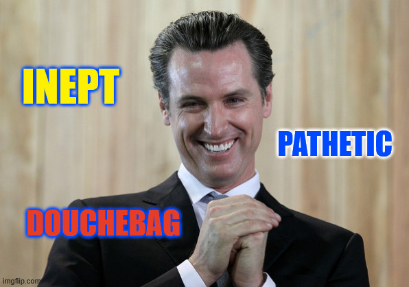 Scheming Gavin Newsom  | INEPT; PATHETIC; DOUCHEBAG | image tagged in scheming gavin newsom | made w/ Imgflip meme maker