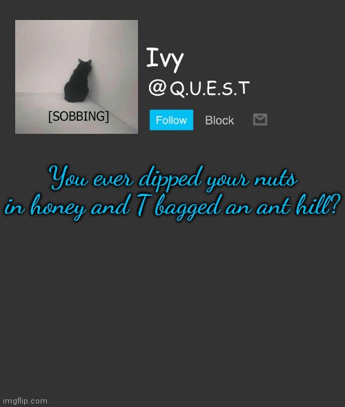 . | You ever dipped your nuts in honey and T bagged an ant hill? | image tagged in ivy announcement template | made w/ Imgflip meme maker