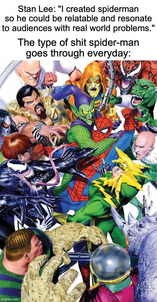 I know spiderman has a personal life but Im talking about his role as a hero | Stan Lee: "I created spiderman so he could be relatable and resonate to audiences with real world problems."; The type of shit spider-man goes through everyday: | image tagged in memes,spiderman,stan lee,marvel comics,relatable | made w/ Imgflip meme maker