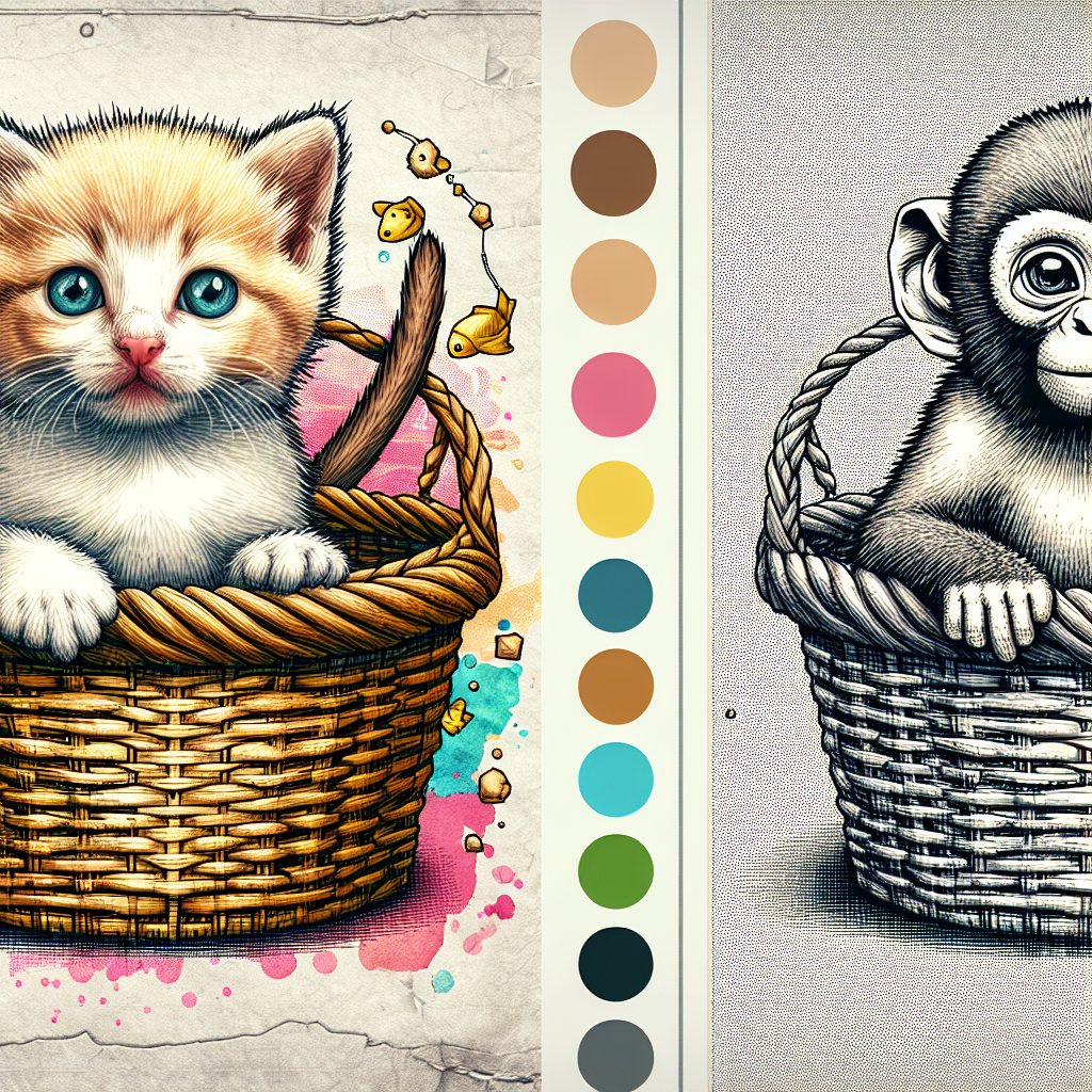 cute kitten in a basket with a monkey Blank Meme Template