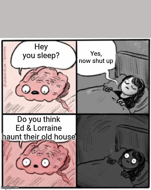 Brain Before Sleep | Yes, now shut up; Hey you sleep? Do you think Ed & Lorraine haunt their old house | image tagged in brain before sleep | made w/ Imgflip meme maker