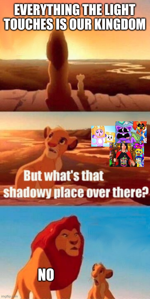 Simba Shadowy Place | EVERYTHING THE LIGHT TOUCHES IS OUR KINGDOM; NO | image tagged in memes,simba shadowy place | made w/ Imgflip meme maker