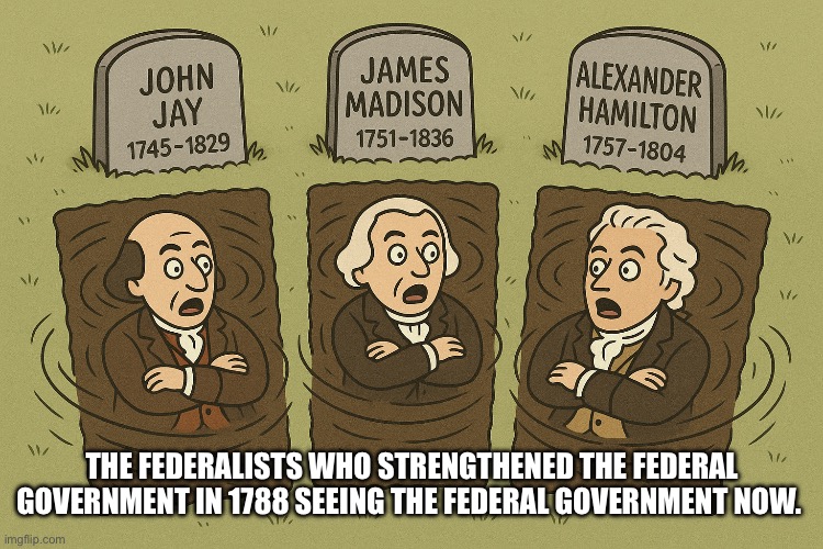 THE FEDERALISTS WHO STRENGTHENED THE FEDERAL GOVERNMENT IN 1788 SEEING THE FEDERAL GOVERNMENT NOW. | made w/ Imgflip meme maker