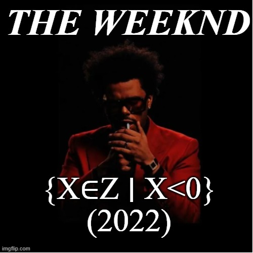 The Weeknd Less than zero | THE WEEKND; {X∈Z ∣ X<0}
(2022) | image tagged in the weeknd,maths,math,artists,the weekend | made w/ Imgflip meme maker