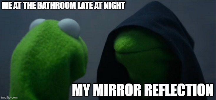 Evil Kermit Meme | ME AT THE BATHROOM LATE AT NIGHT; MY MIRROR REFLECTION | image tagged in memes,evil kermit | made w/ Imgflip meme maker