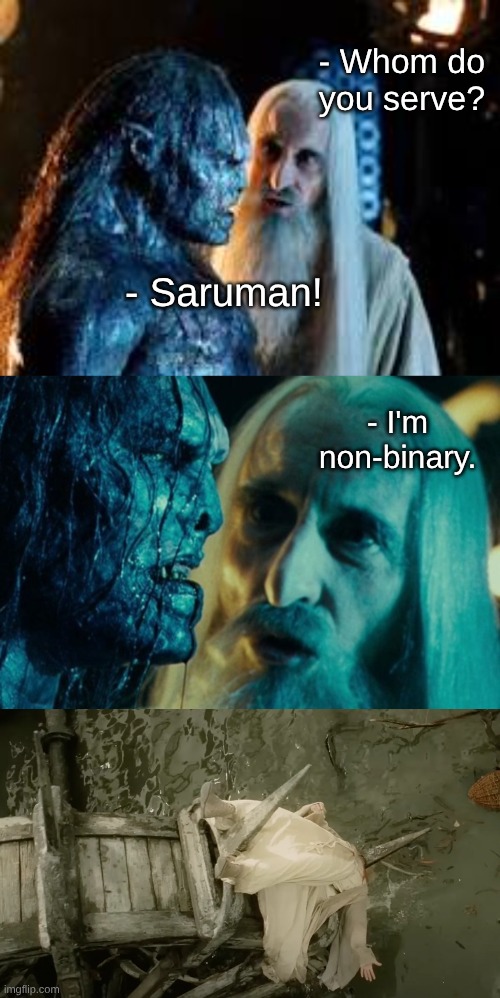 Saruthem | - Whom do you serve? - Saruman! - I'm non-binary. | image tagged in orc and saruman,lotr saruman and ugl k,why is the rum gone,why are you gay | made w/ Imgflip meme maker