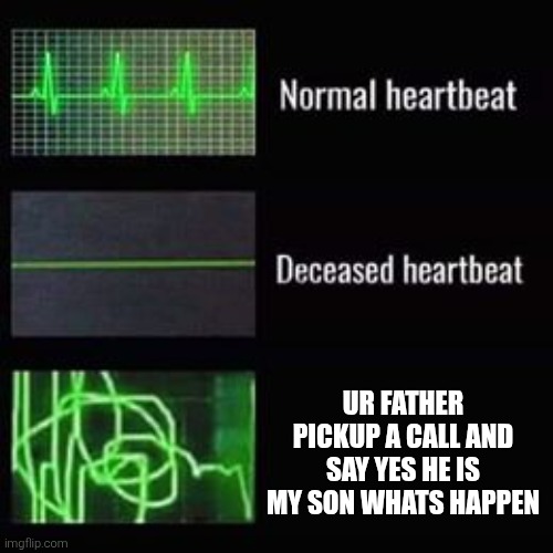heartbeat rate | UR FATHER PICKUP A CALL AND SAY YES HE IS MY SON WHATS HAPPEN | image tagged in heartbeat rate | made w/ Imgflip meme maker