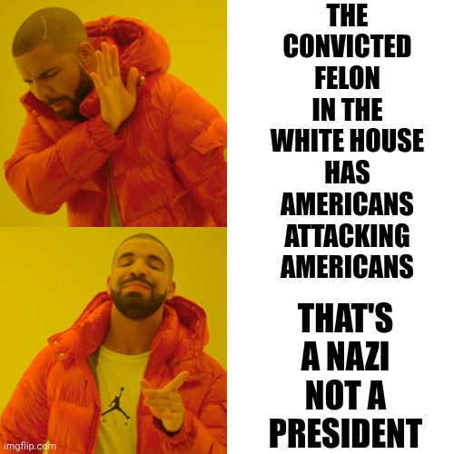 Maga Or Nazi ... Same Thing ... Maga Nazis | THE CONVICTED FELON IN THE WHITE HOUSE HAS AMERICANS ATTACKING AMERICANS; THAT'S A NAZI
NOT A PRESIDENT | image tagged in memes,drake hotline bling,maga nazis,trump is a nazi,maga,special kind of stupid | made w/ Imgflip meme maker