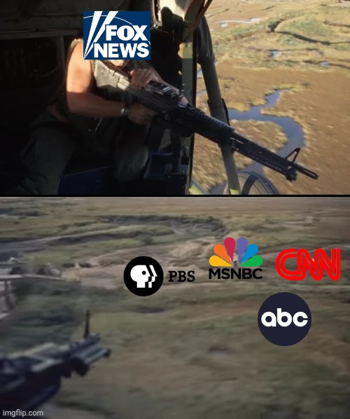 Fake news war | image tagged in helicopter door gunner,fox news,cnn fake news,abc,pbs,death | made w/ Imgflip meme maker