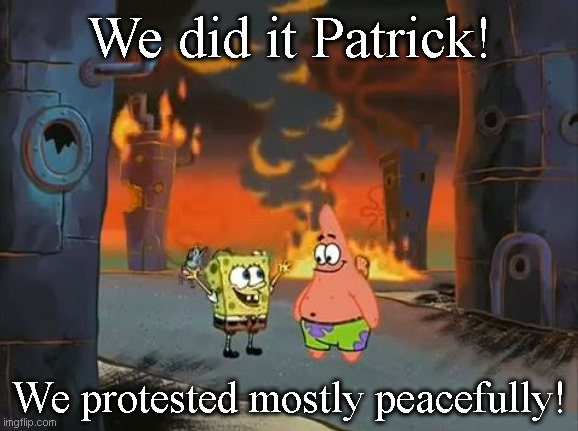 "We did it, Patrick! We saved the City!" | We did it Patrick! We protested mostly peacefully! | image tagged in we did it patrick we saved the city | made w/ Imgflip meme maker