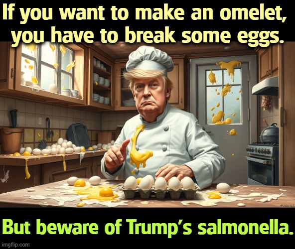 Trump's FDA food inspections are mostly fired. | If you want to make an omelet, 
you have to break some eggs. But beware of Trump's salmonella. | image tagged in trump,eggs,omelet,salmonella,poison,illness | made w/ Imgflip meme maker