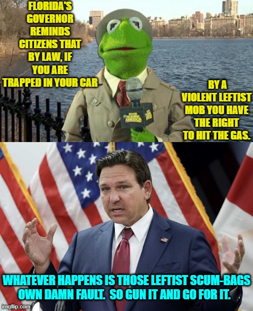 Pssst . . . leftists.  Go ahead and mess with Florida. | FLORIDA'S GOVERNOR REMINDS CITIZENS THAT BY LAW, IF YOU ARE TRAPPED IN YOUR CAR; BY A VIOLENT LEFTIST MOB YOU HAVE THE RIGHT TO HIT THE GAS. WHATEVER HAPPENS IS THOSE LEFTIST SCUM-BAGS OWN DAMN FAULT.  SO GUN IT AND GO FOR IT. | image tagged in kermit news report | made w/ Imgflip meme maker