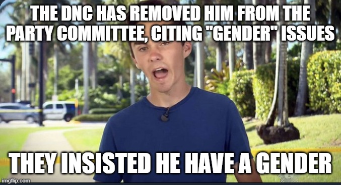 David Hogg | THE DNC HAS REMOVED HIM FROM THE PARTY COMMITTEE, CITING "GENDER" ISSUES; THEY INSISTED HE HAVE A GENDER | image tagged in david hogg | made w/ Imgflip meme maker