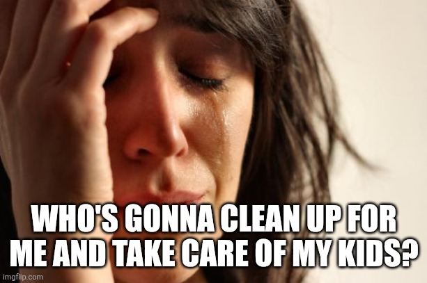 First World Problems Meme | WHO'S GONNA CLEAN UP FOR ME AND TAKE CARE OF MY KIDS? | image tagged in memes,first world problems | made w/ Imgflip meme maker