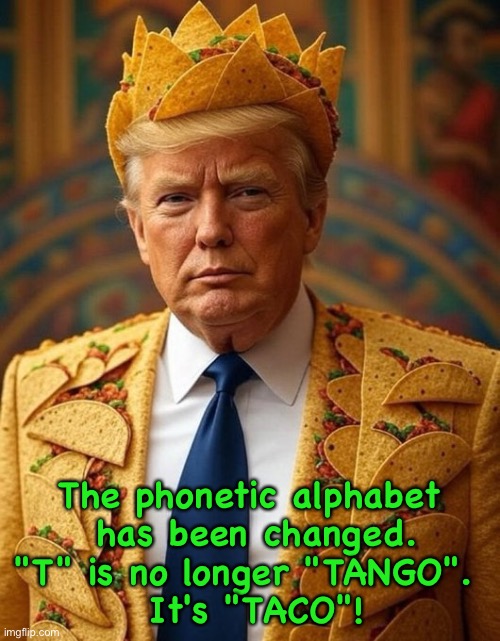 Romeo...Sierra...Taco! | The phonetic alphabet
 has been changed.
"T" is no longer "TANGO". 
 It's "TACO"! | image tagged in taco man trump trump always chickens out | made w/ Imgflip meme maker