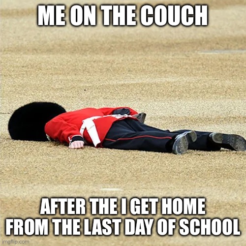 Royal Guard on the floor | ME ON THE COUCH; AFTER THE I GET HOME FROM THE LAST DAY OF SCHOOL | image tagged in royal guard on the floor | made w/ Imgflip meme maker