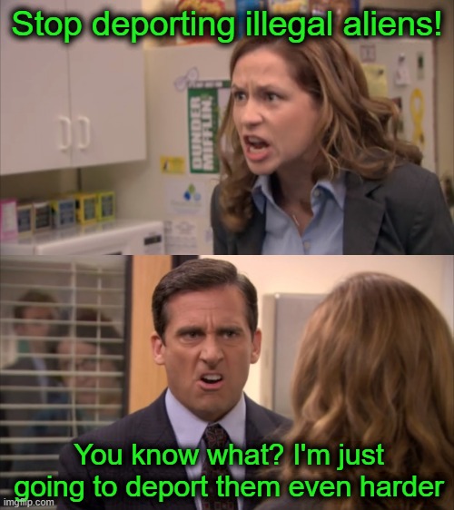 Pam and Michael | Stop deporting illegal aliens! You know what? I'm just going to deport them even harder | image tagged in pam and michael,illegal aliens | made w/ Imgflip meme maker