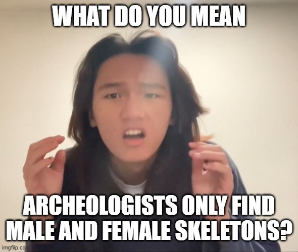 deal with it | WHAT DO YOU MEAN; ARCHEOLOGISTS ONLY FIND MALE AND FEMALE SKELETONS? | image tagged in frankie soobin what | made w/ Imgflip meme maker