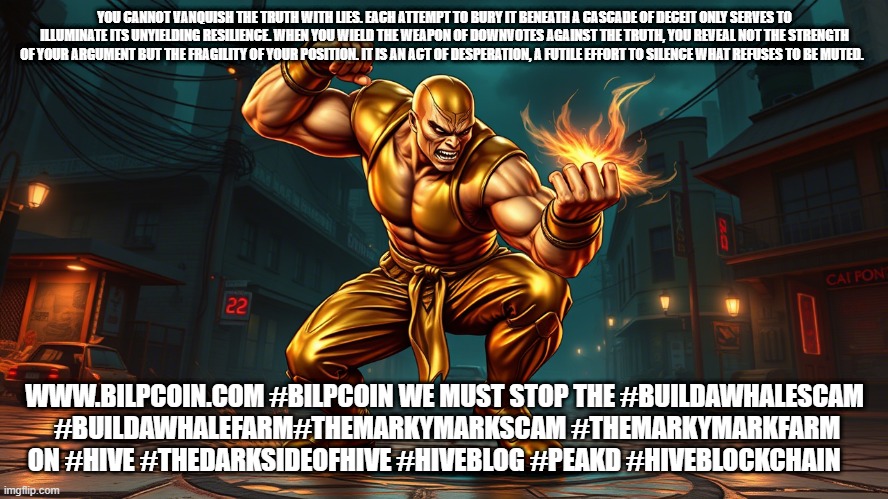YOU CANNOT VANQUISH THE TRUTH WITH LIES. EACH ATTEMPT TO BURY IT BENEATH A CASCADE OF DECEIT ONLY SERVES TO ILLUMINATE ITS UNYIELDING RESILIENCE. WHEN YOU WIELD THE WEAPON OF DOWNVOTES AGAINST THE TRUTH, YOU REVEAL NOT THE STRENGTH OF YOUR ARGUMENT BUT THE FRAGILITY OF YOUR POSITION. IT IS AN ACT OF DESPERATION, A FUTILE EFFORT TO SILENCE WHAT REFUSES TO BE MUTED. WWW.BILPCOIN.COM #BILPCOIN WE MUST STOP THE #BUILDAWHALESCAM  #BUILDAWHALEFARM#THEMARKYMARKSCAM #THEMARKYMARKFARM ON #HIVE #THEDARKSIDEOFHIVE #HIVEBLOG #PEAKD #HIVEBLOCKCHAIN | made w/ Imgflip meme maker