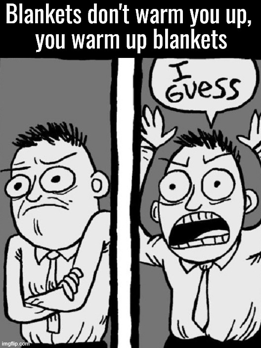 Think about it | Blankets don't warm you up, 
you warm up blankets | image tagged in the truth | made w/ Imgflip meme maker